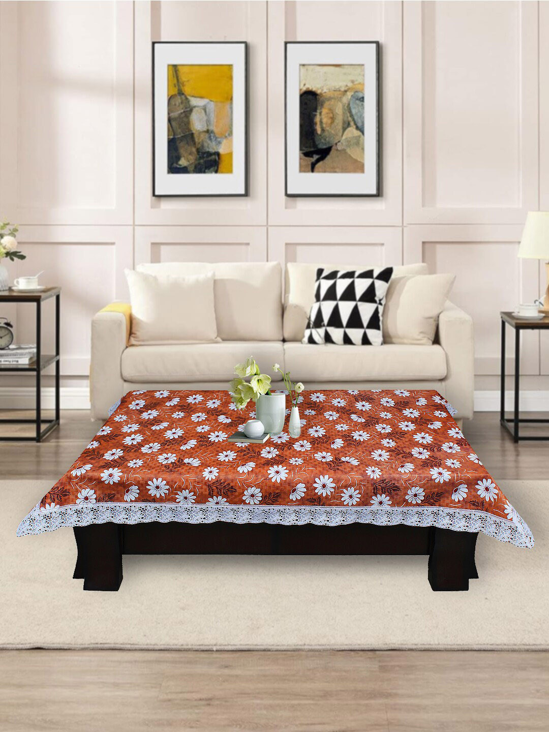 DREAM CARE Rust Red & White Floral Printed Waterproof Rectangular Center Table Cover