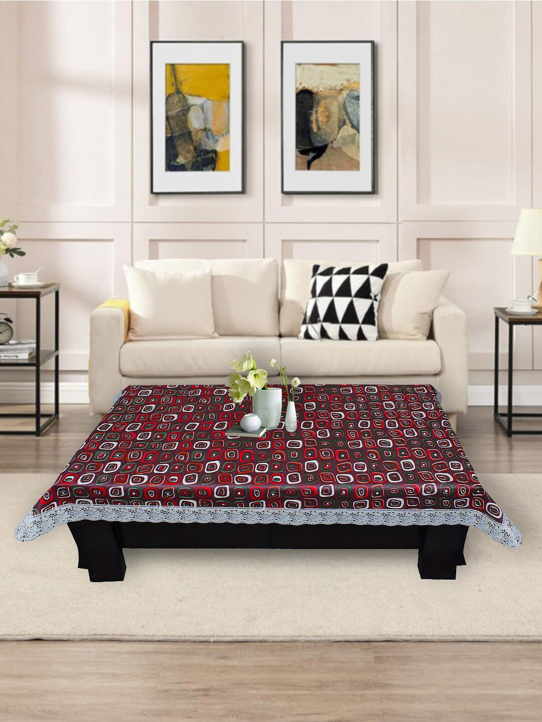 DREAM CARE Purple & Green Geometric Printed Waterproof Rectangular Center Table Cover