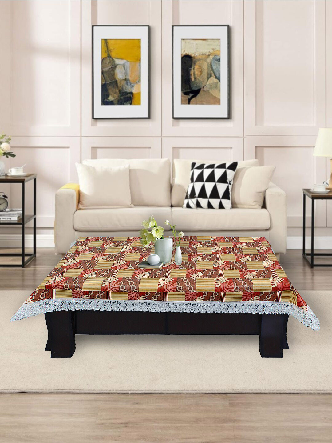 DREAM CARE Brown & Yellow Printed Waterproof Rectangular Center Table Cover