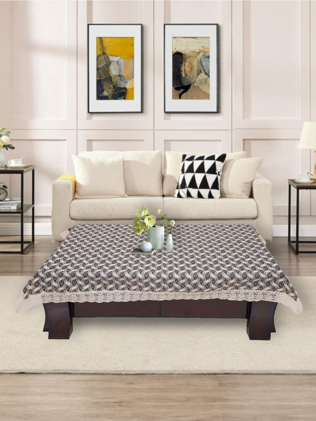 DREAM CARE Charcol Abstarct Printed Waterproof Rectangular 2 Seater Center Table Cover