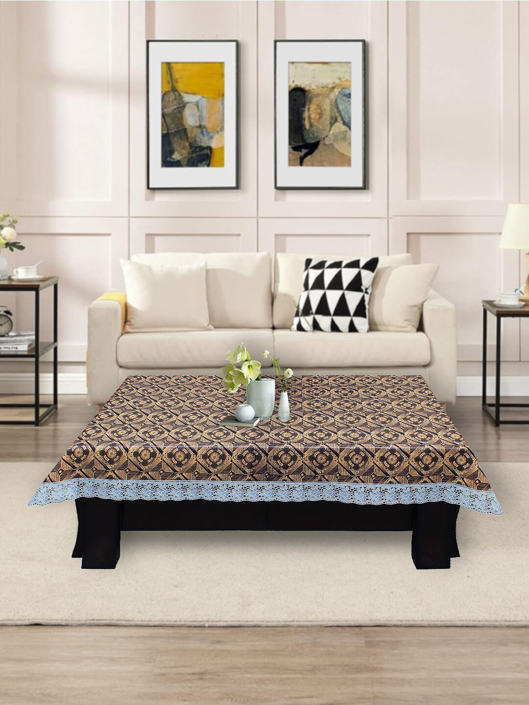 DREAM CARE Beige & Black Ethnic Motifs Printed Waterproof Rectangular Center Table Cover