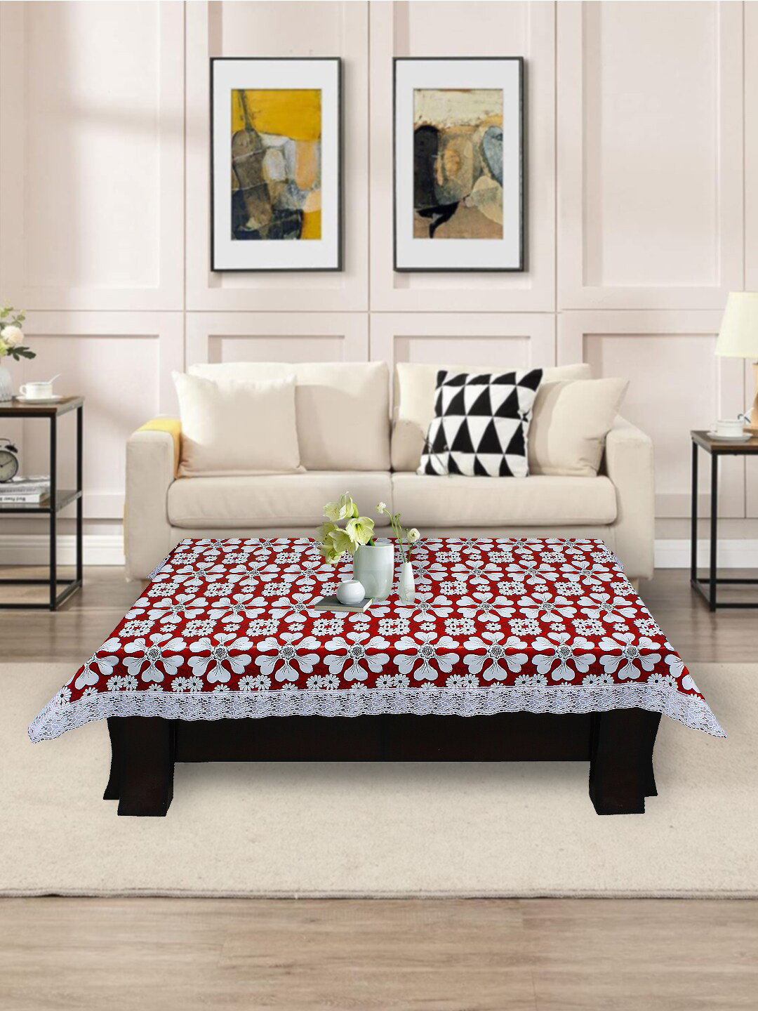 DREAM CARE Red & White Floral Printed Waterproof Rectangular 2 Seater Center Table Cover