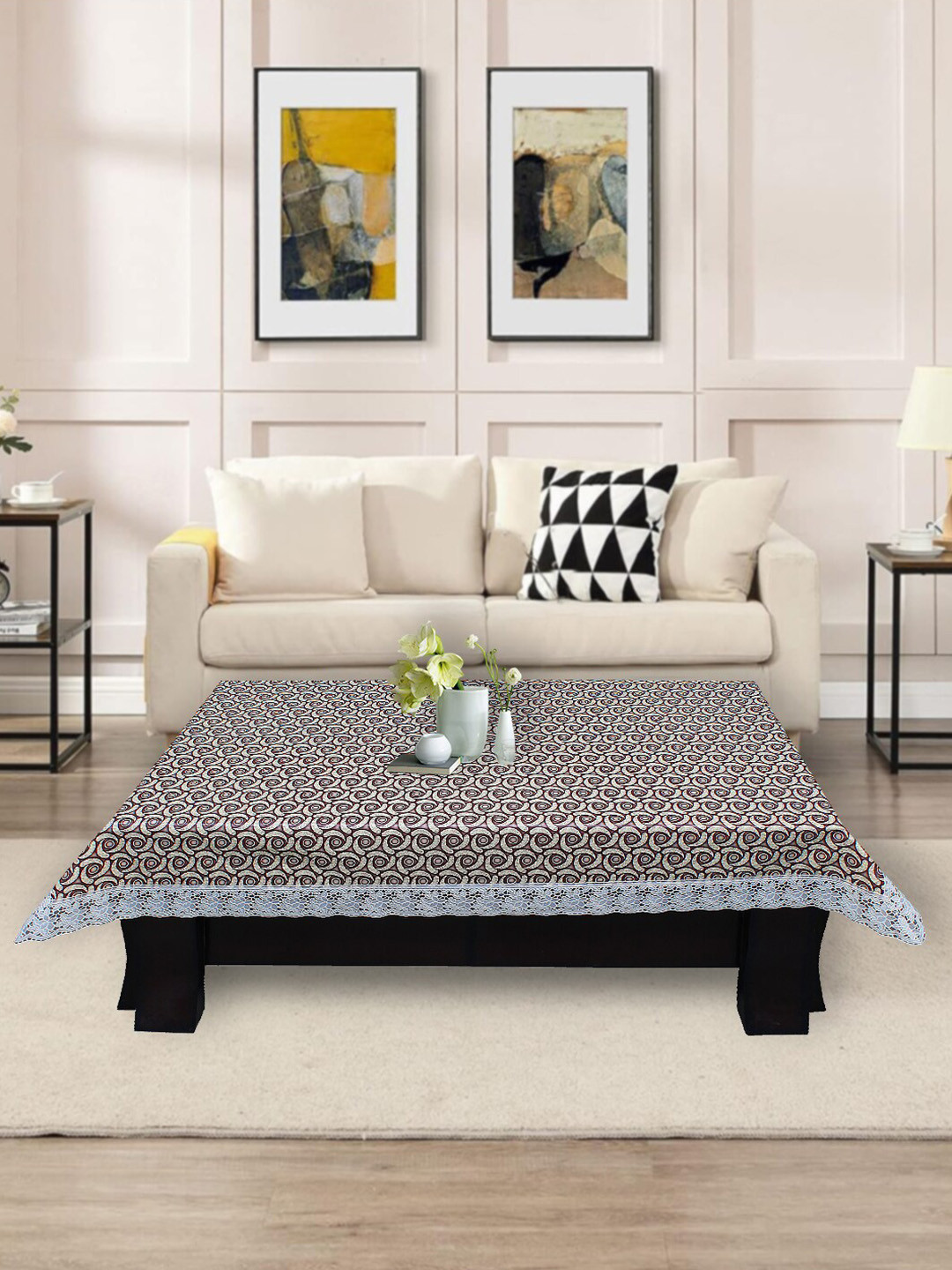 DREAM CARE Grey & Brown Printed Waterproof Rectangular Center Table Cover