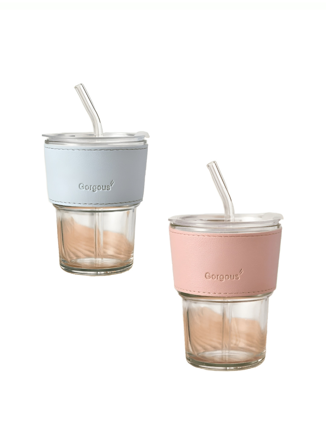 WELOUR Blue & Pink 2 Pieces Glass Cups with straw