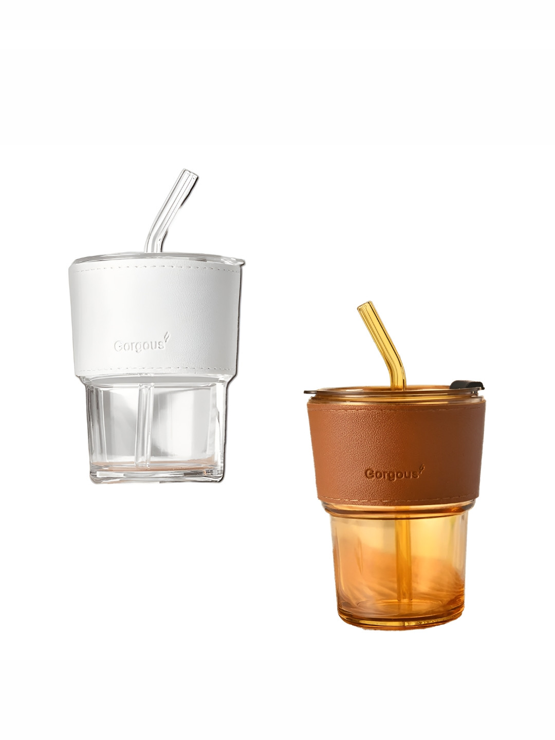 WELOUR White & Brown 2 Pieces Glass Cups with straw