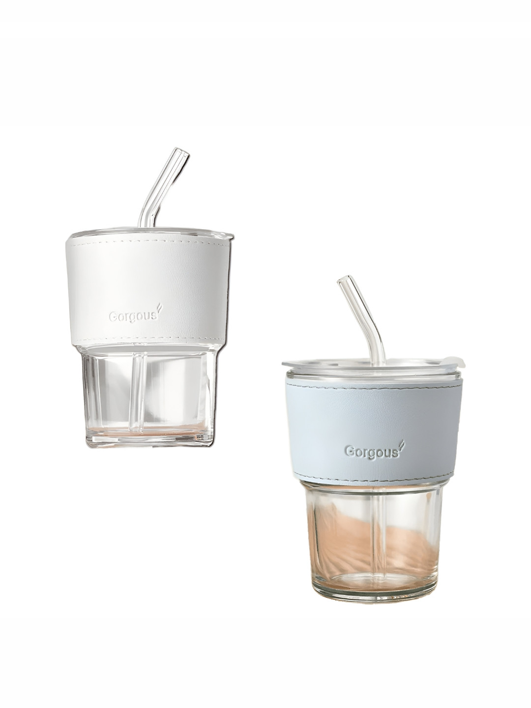WELOUR White & Blue 2 Pieces Glass Cups With Straw