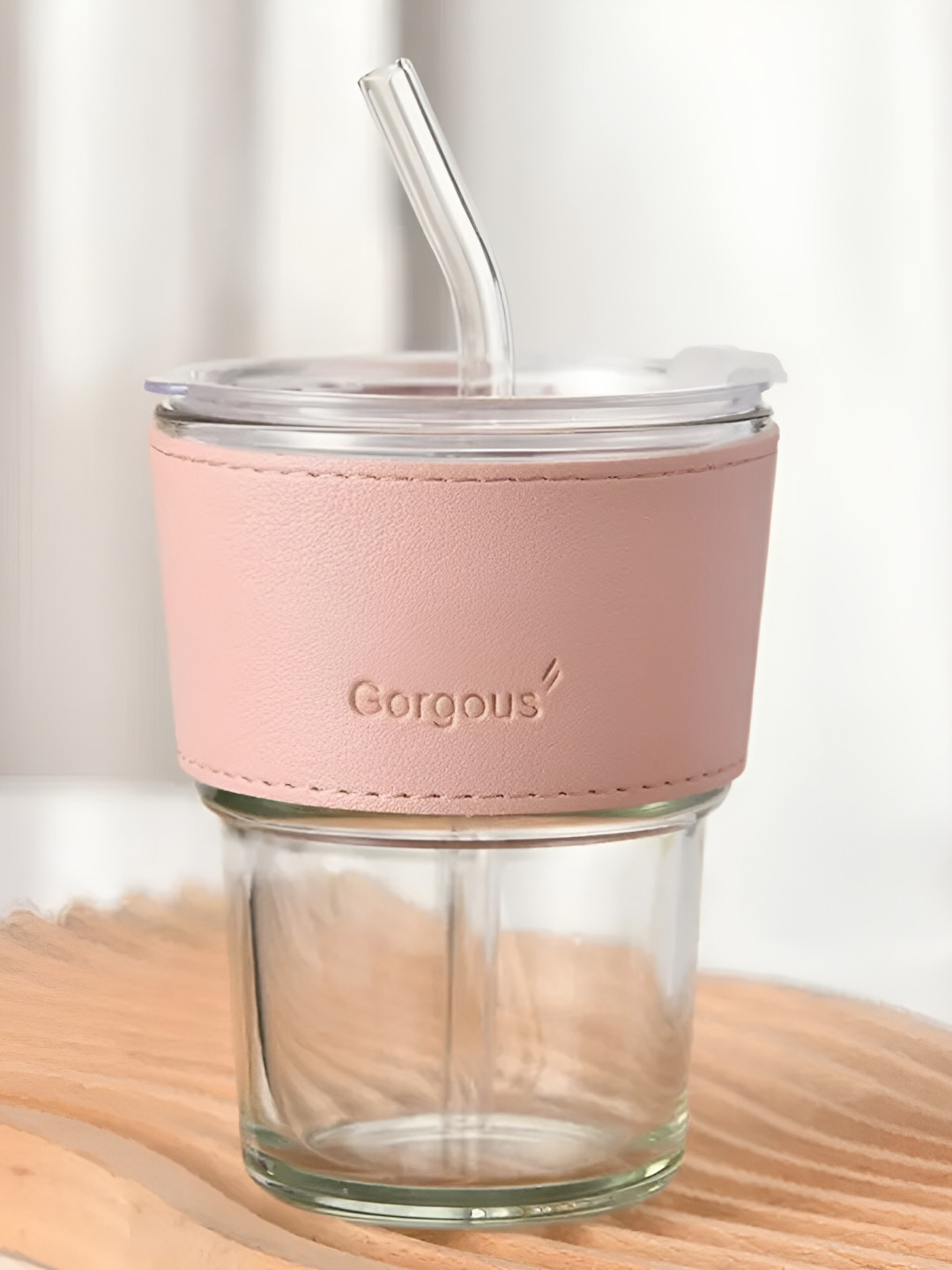 WELOUR Rivaan Name Personalised Pink Glass Microwave Safe 2 Piece Cup with Lid and 1 Straw-450ml