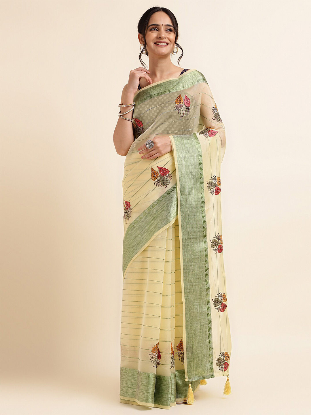 FABMORA Yellow & Green Embellished Embroidered Organza Designer Saree