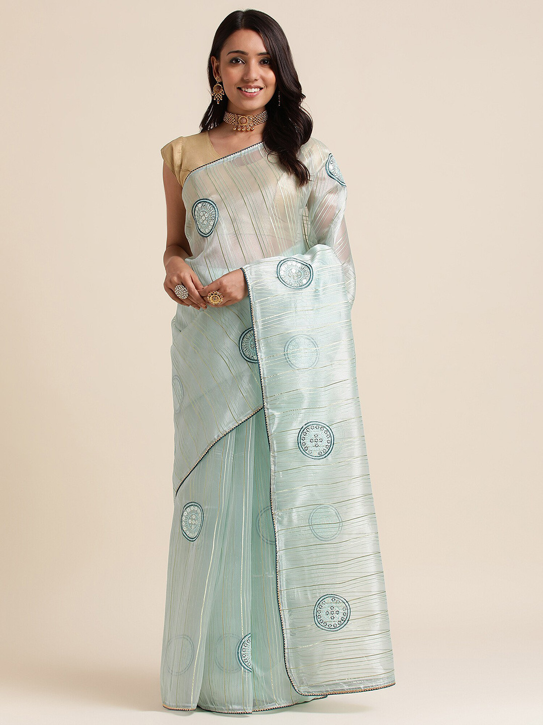 FABMORA Sea Green Embellished Organza Saree