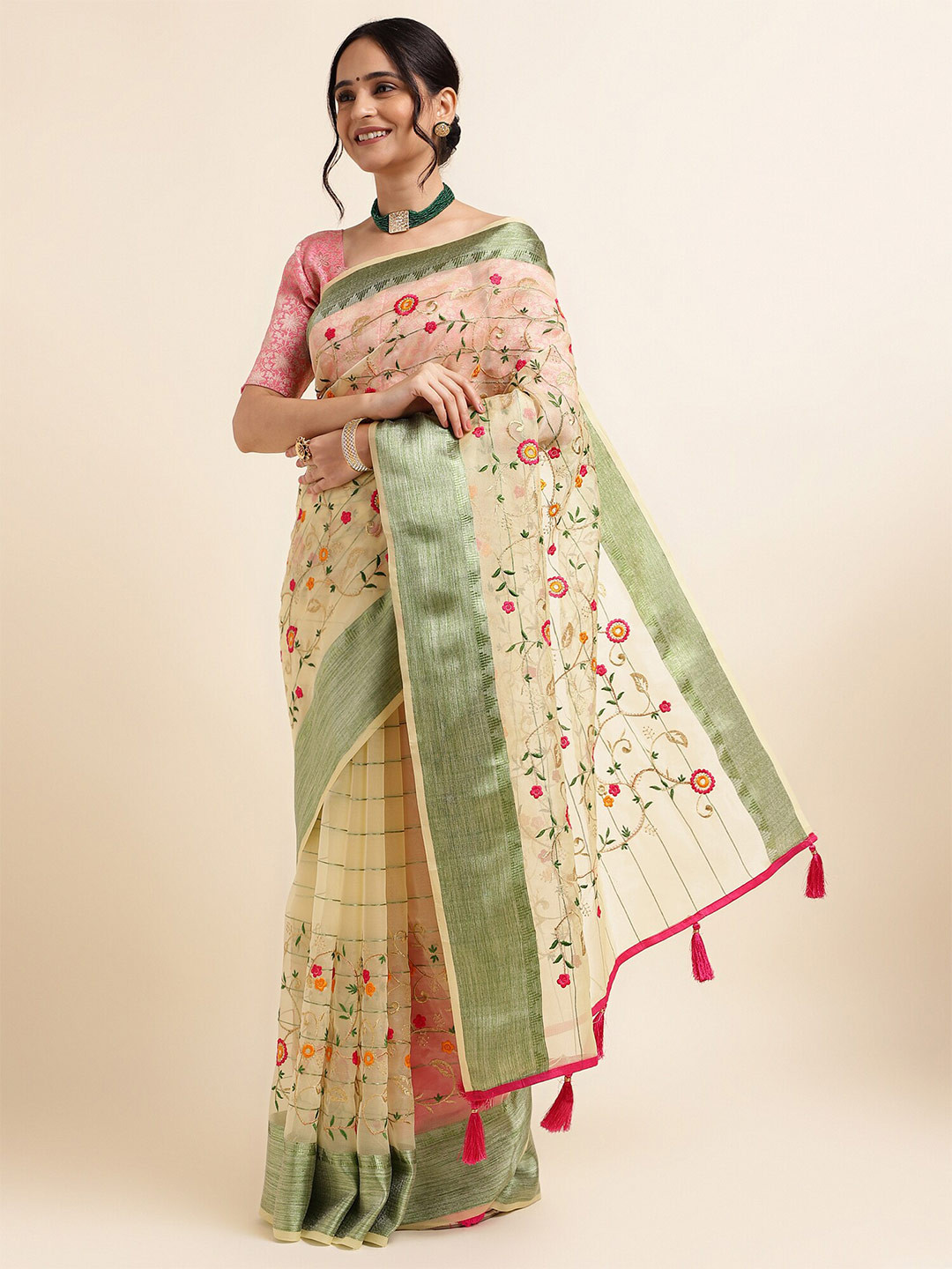 FABMORA Beige Embellished Embroidered Organza Designer Saree