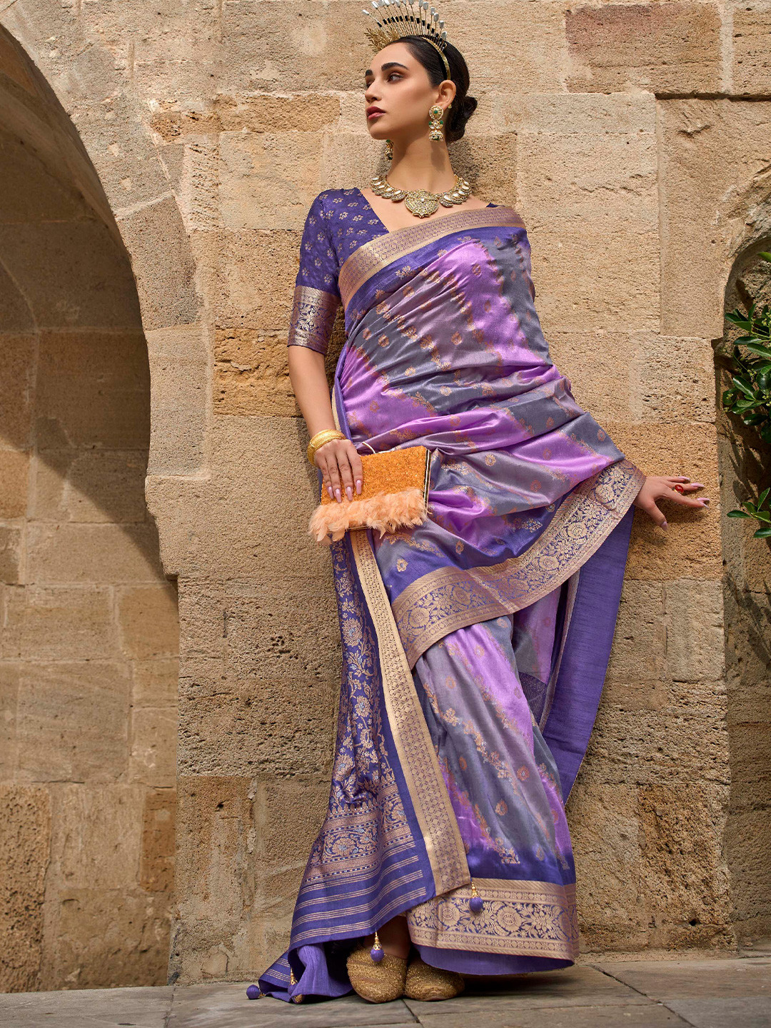 Mitera Purple Floral Woven Designed Zari Saree
