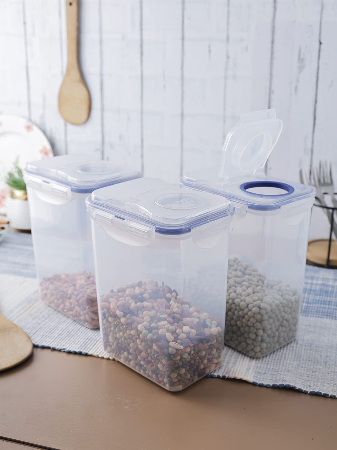 Lock & Lock 3 Pcs Transparent & Blue Airtight Leakproof Food Container 1.8 L Each