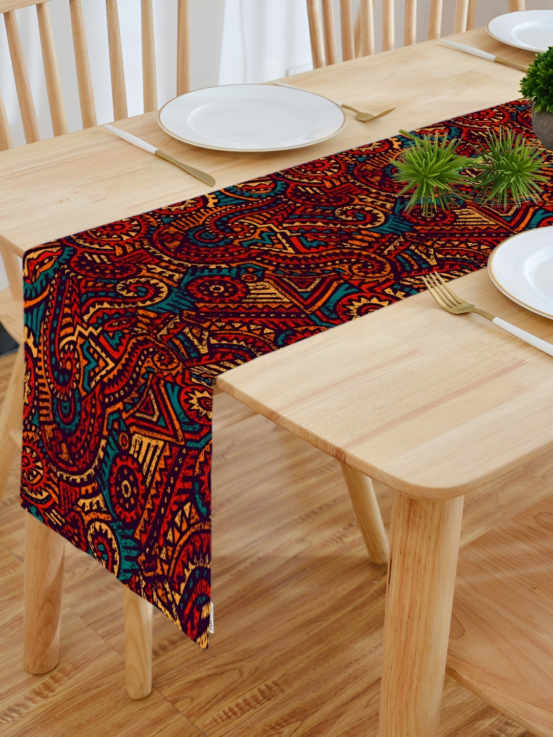 HOMADORN Orange & Red Ethnic Motifs 6-Seater Table Runner