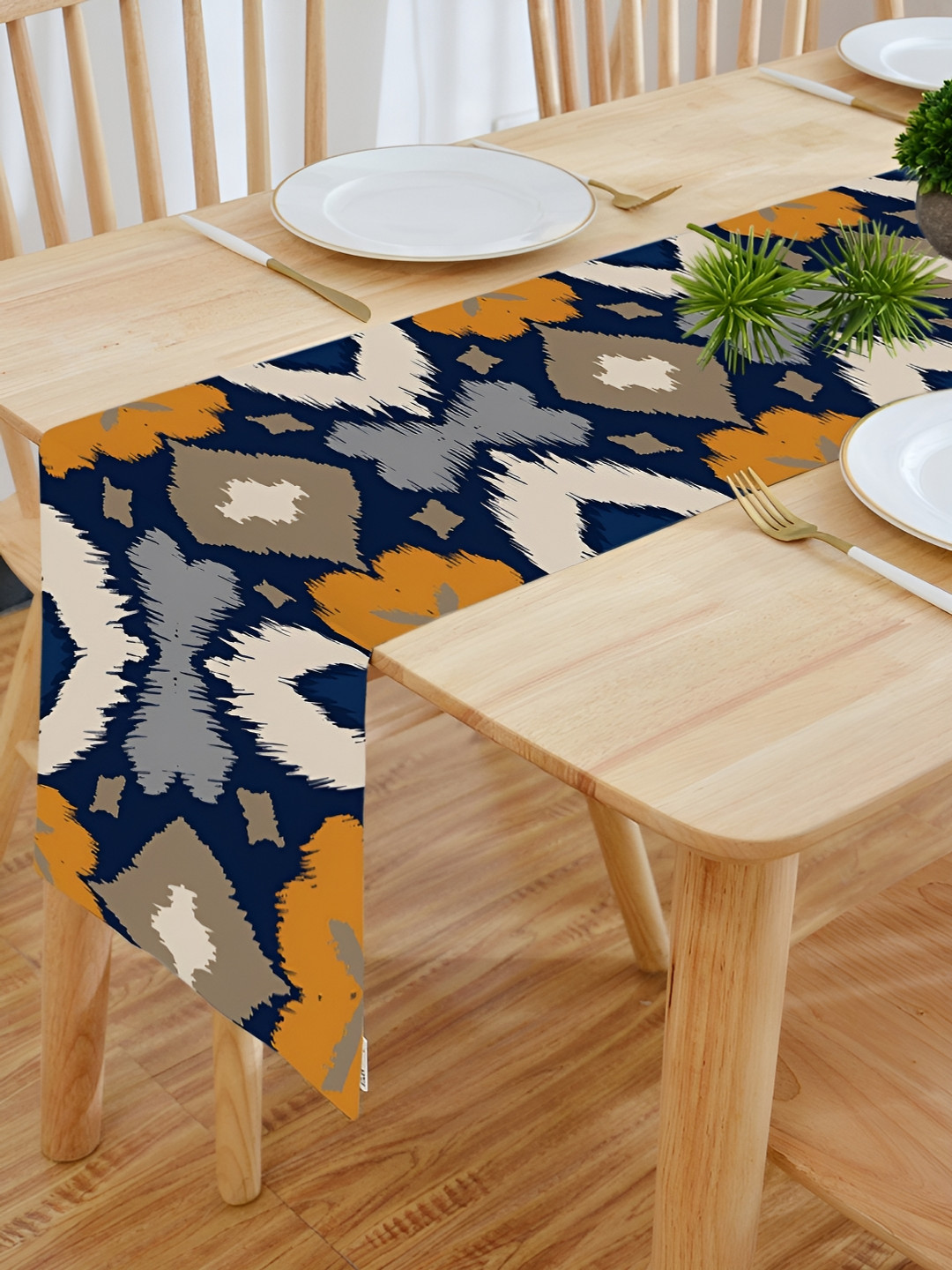 HOMADORN Navy Blue & Grey Printed Table Runner