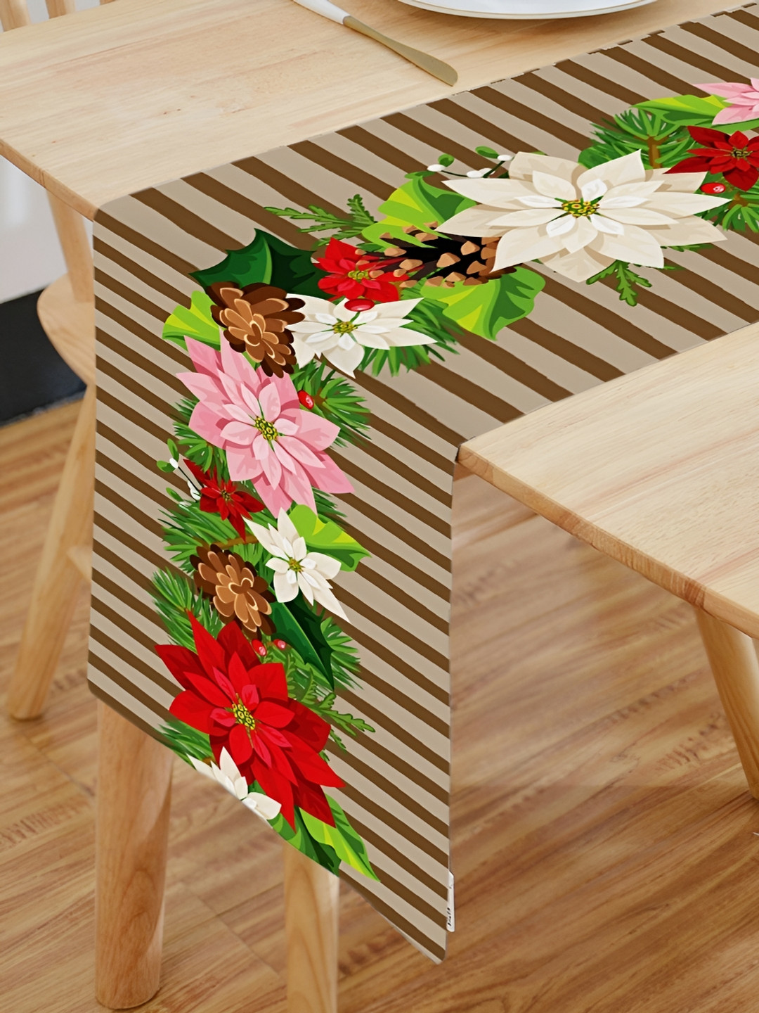 HOMADORN Brown & Green Striped Table Runner