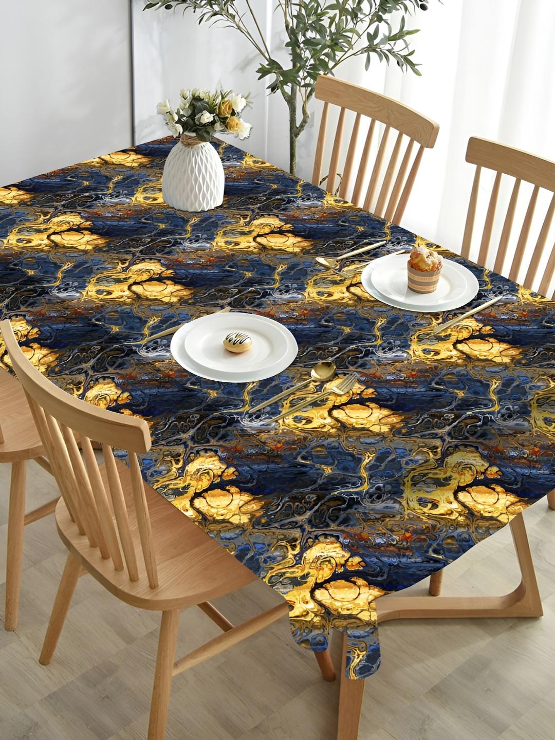 HOMADORN Navy Blue & Beige Abstract 4-Seater Table Cover