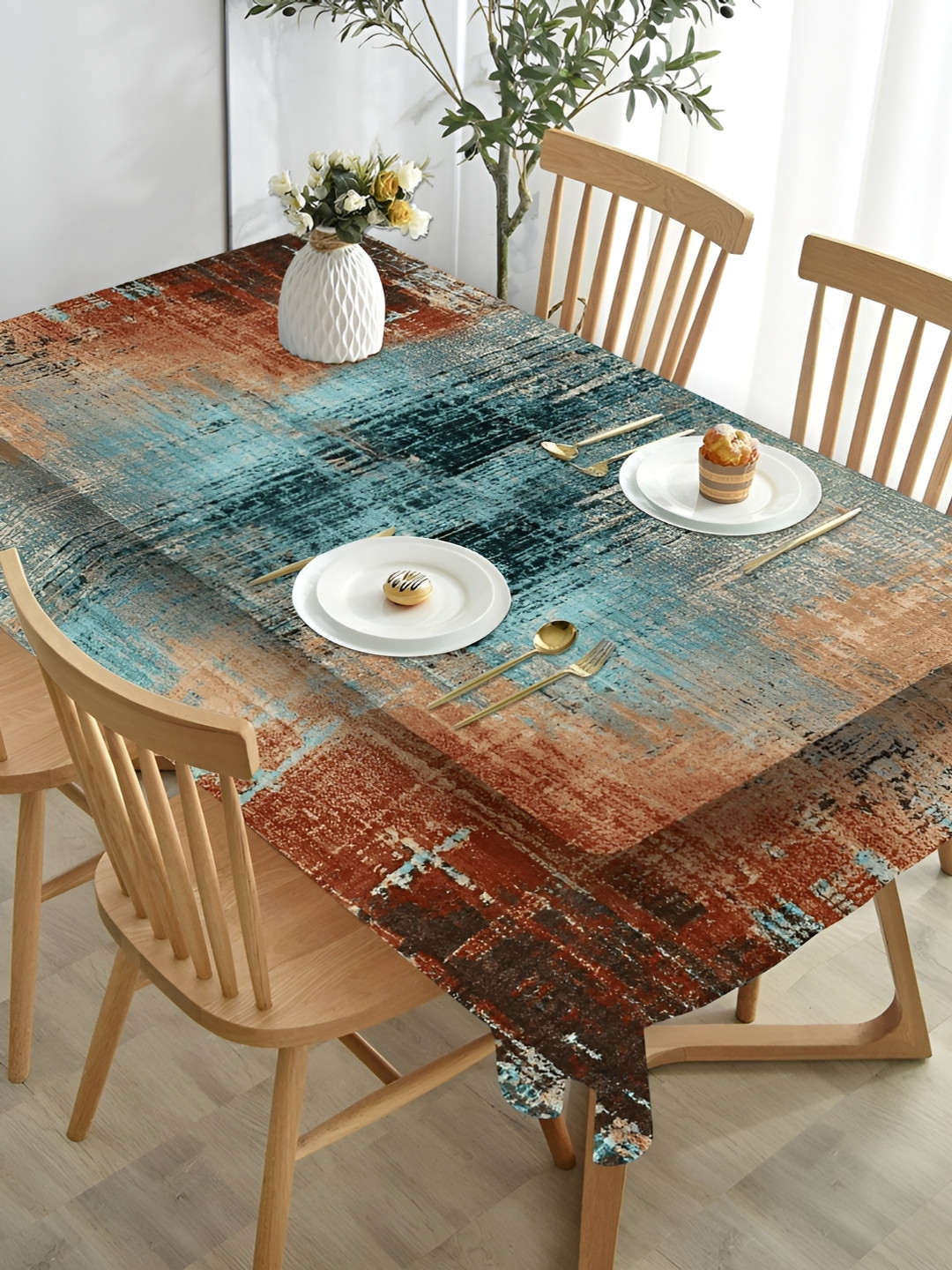 HOMADORN Teal Green & Brown Abstract 4-Seater Table Cover