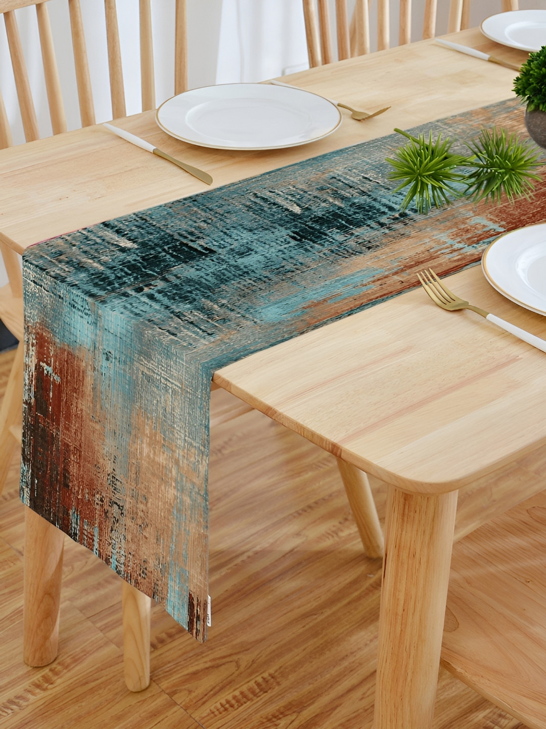 HOMADORN Teal & Brown Abstract Table Runner
