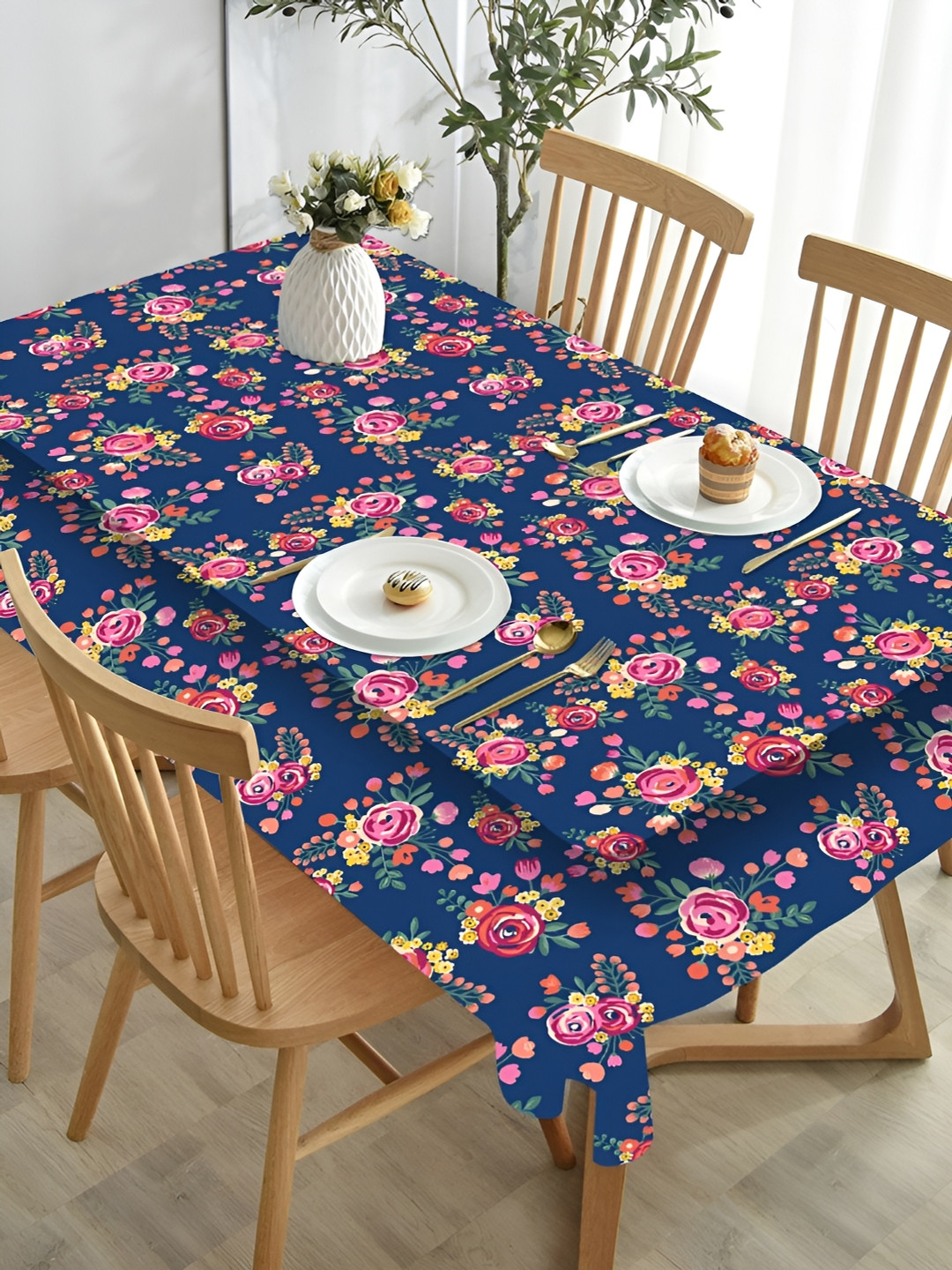 HOMADORN Blue & Pink Floral 6-Seater Table Cover