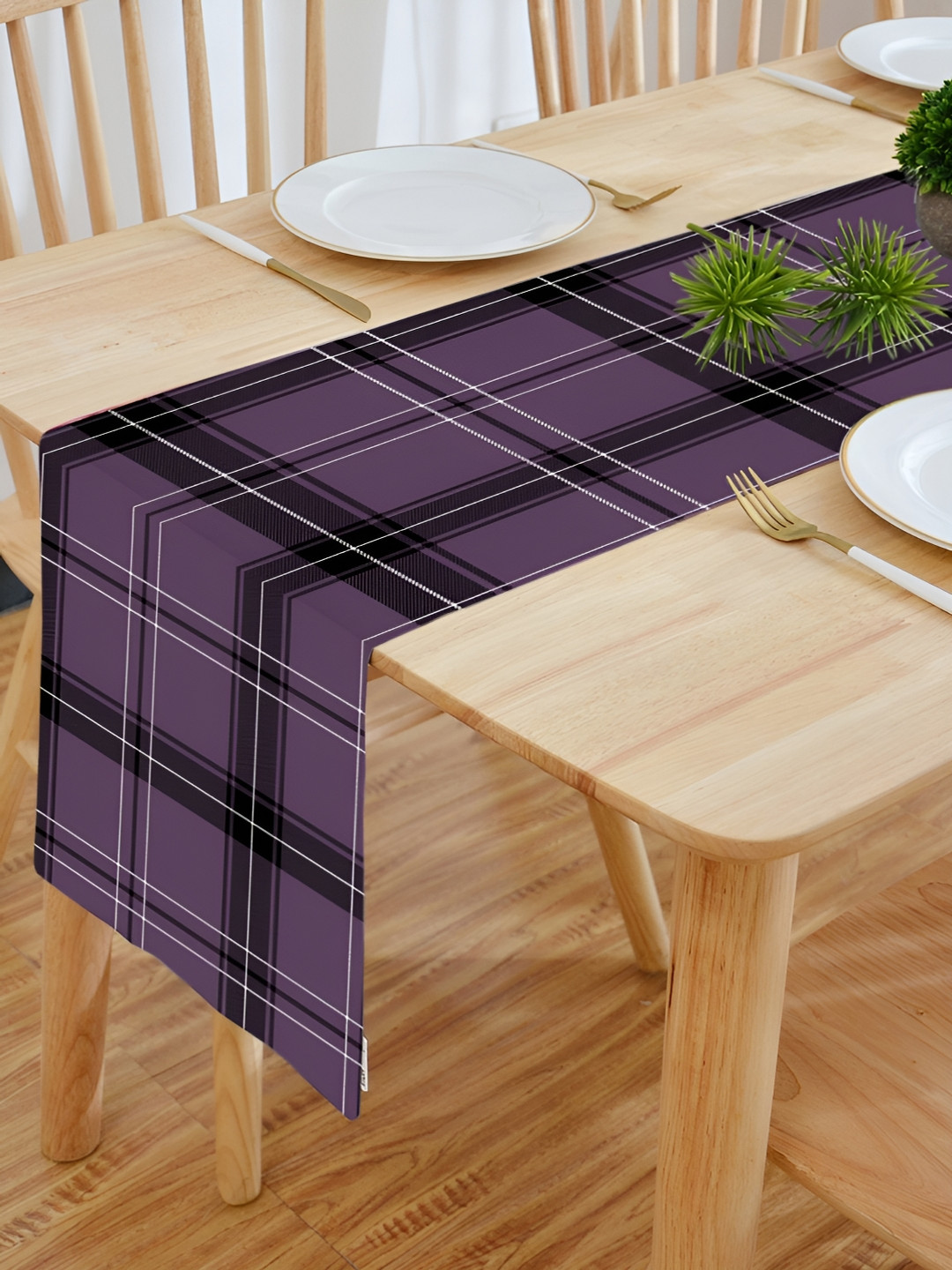 HOMADORN Purple & Black Checked 4 Seater Table Runner