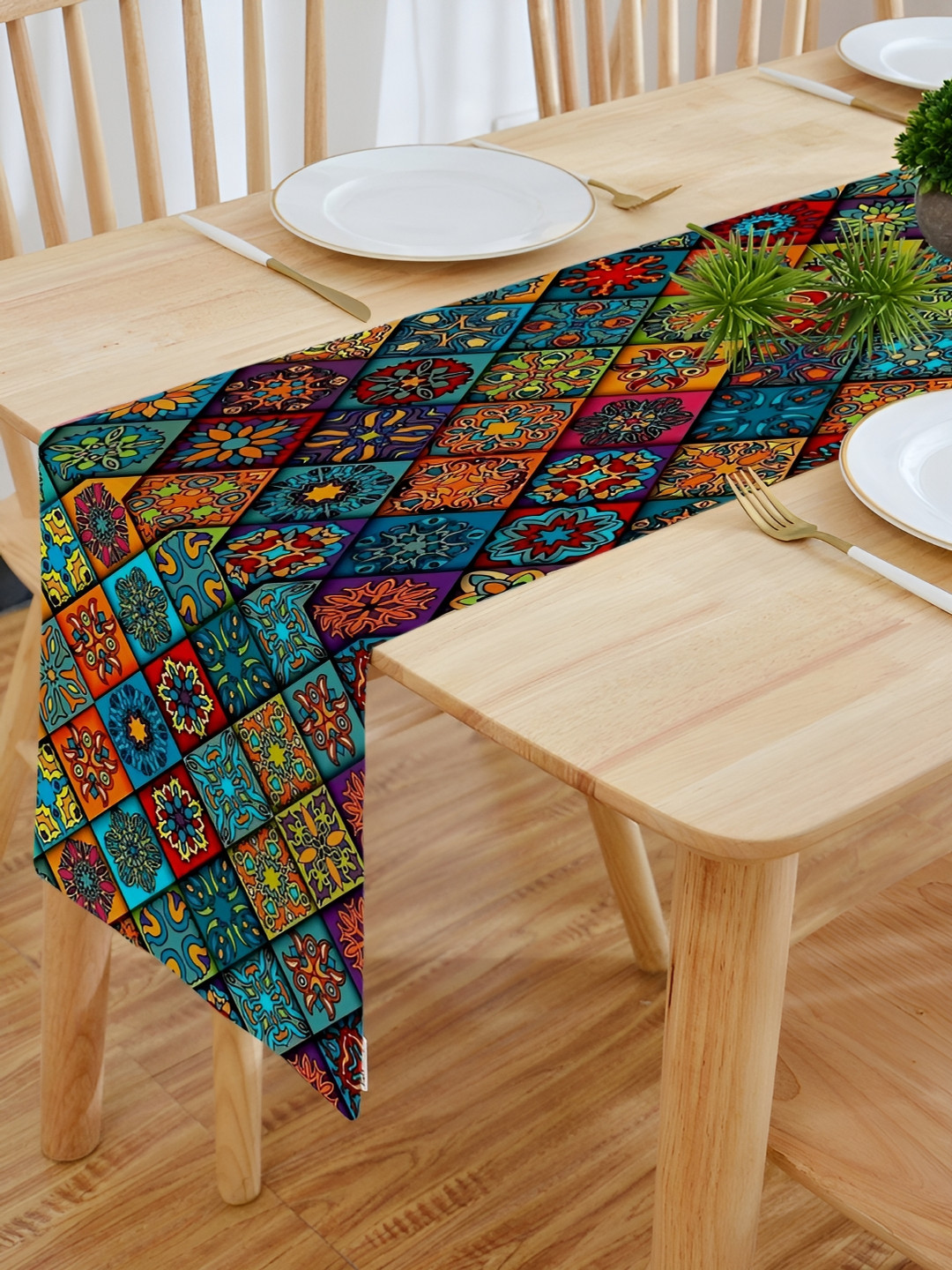 HOMADORN Blue & Red Floral Printed 6-Seater Table Cover