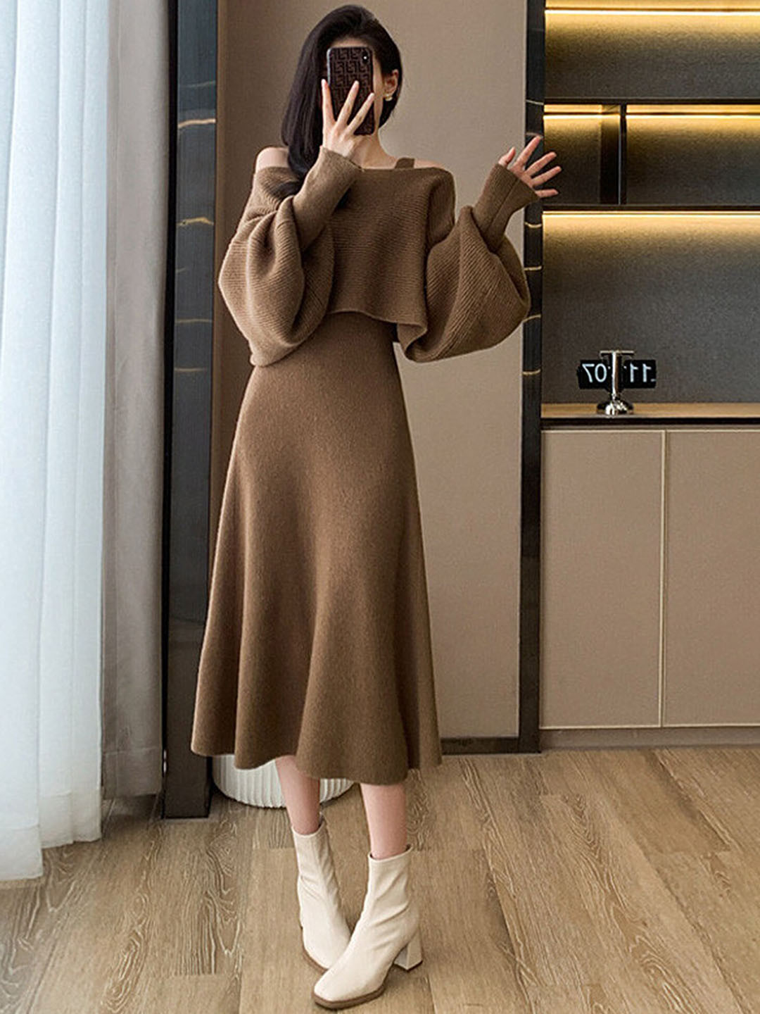 LULU & SKY Brown Shoulder Strap Sweater with Skirt Set