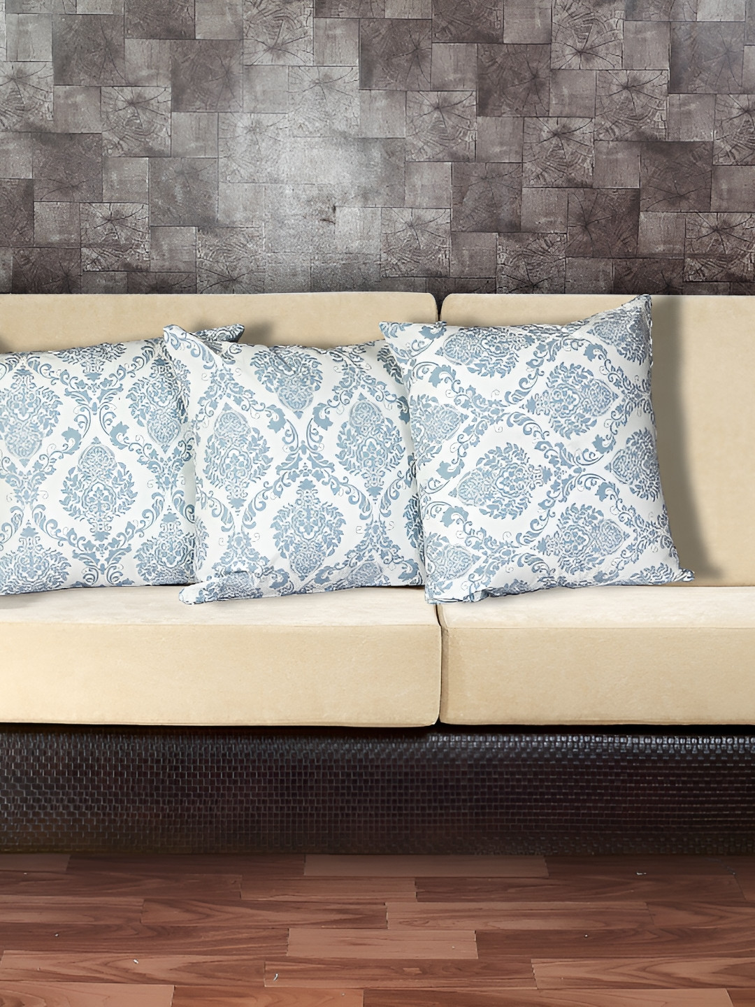 Texstylers White & Blue 3 Pieces Cotton Ethnic Motif Square Reversible Cushion Covers