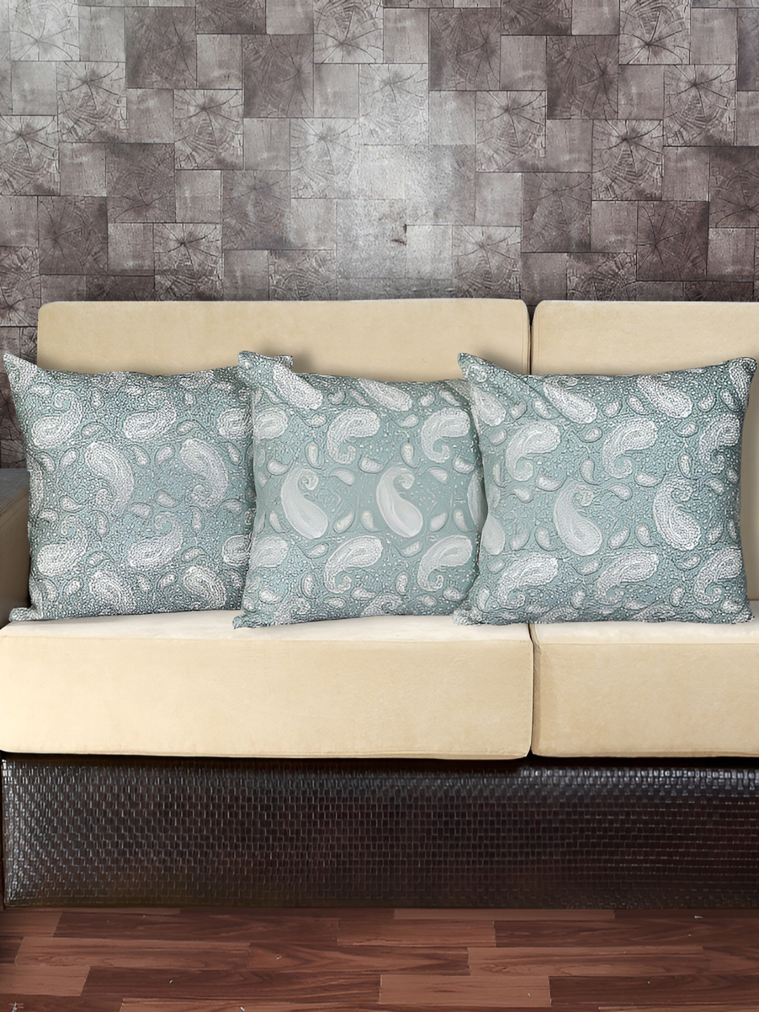 Texstylers Grey Ethnic Motifs Cotton Reversible 3 Square Cushion Covers -15.7x15.7In