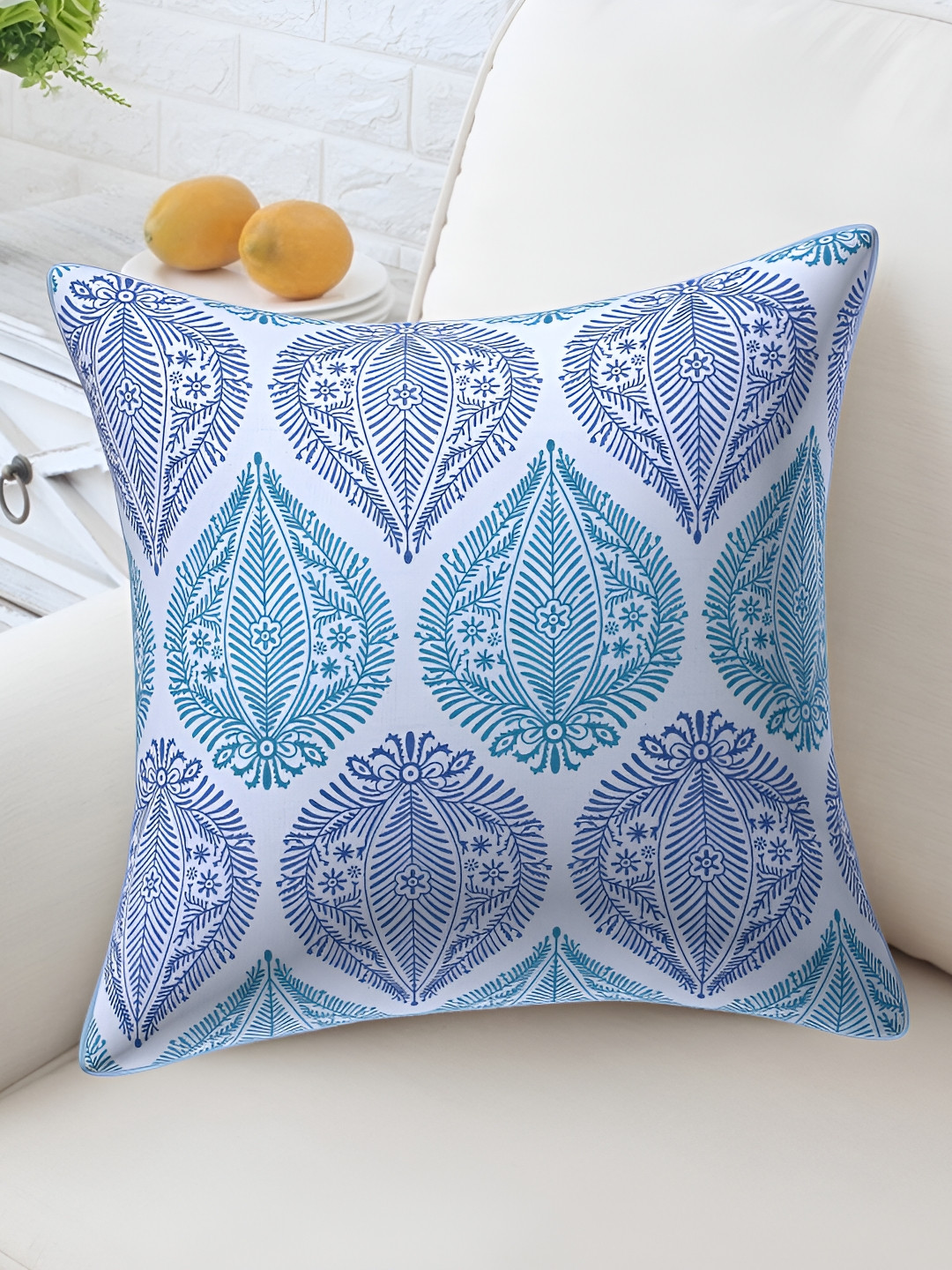 Texstylers White & Blue Ethnic Motif Cotton Square Reversible Cushion Cover