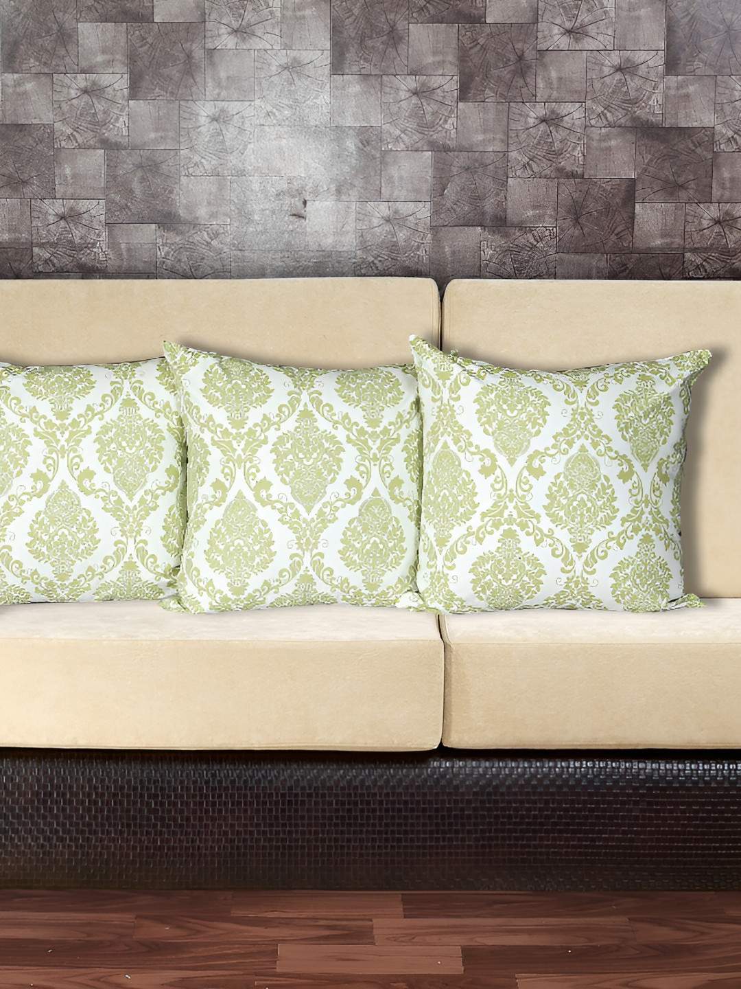 Texstylers White & Green 3 Pieces Cotton Ethnic Motif Square Reversible Cushion Covers