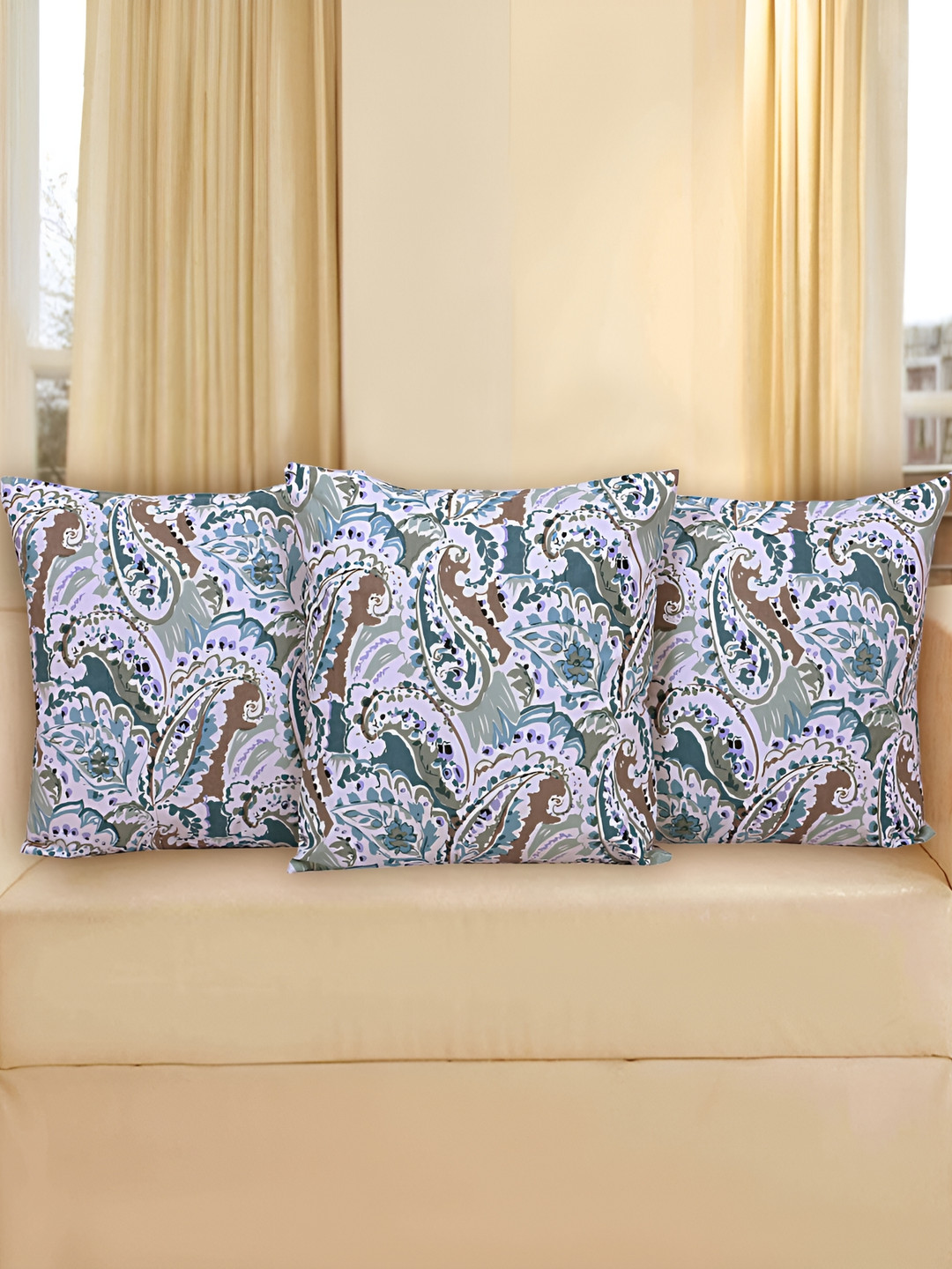 Texstylers Printed Ethnic Motifs Polyester Silk Reversible 3 Pcs Cushion Covers -16x16In
