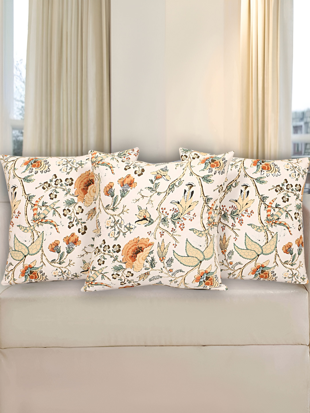 Texstylers Beige Floral Cotton Reversible 3 Piece Square Cushion Covers -16x16In