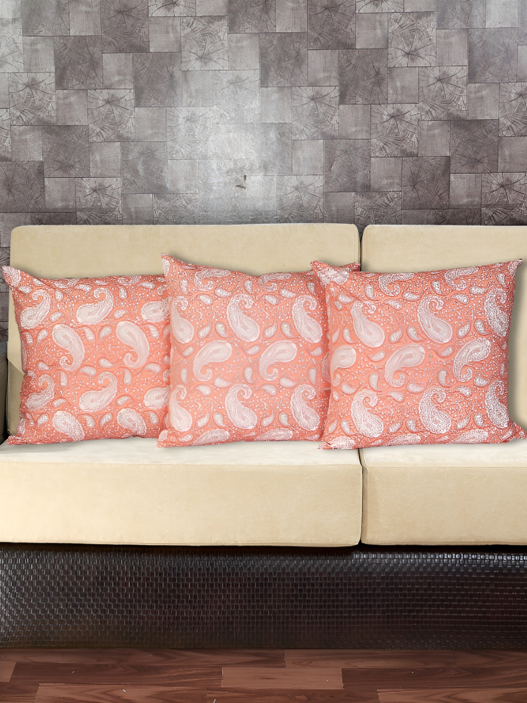 Texstylers Orange Paisley Cotton Breathable 3 Piece Square Cushion Covers -16x16In