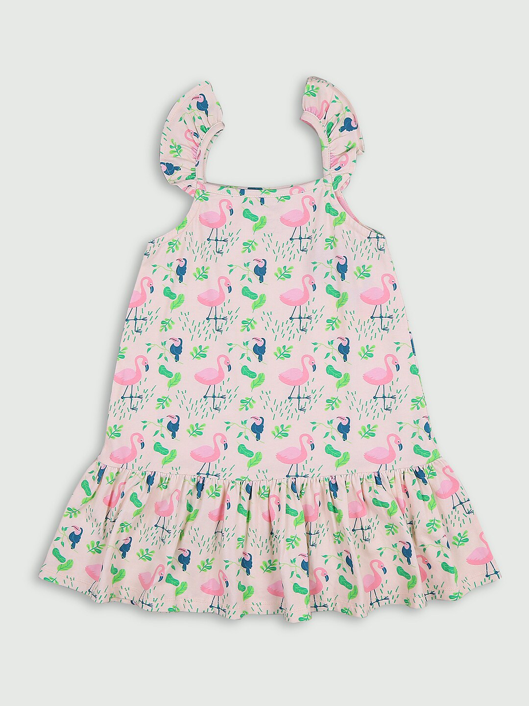 Ola! Otter Girls Conversational Printed Square Neck Ruffled Organic Cotton A-Line Dress