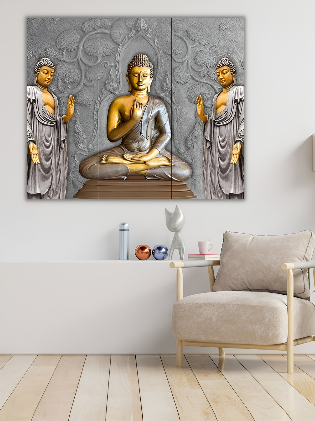 CHRONIKLE Grey & Gold Toned 3 Pieces Buddha Religious Wooden Painting Wall Arts