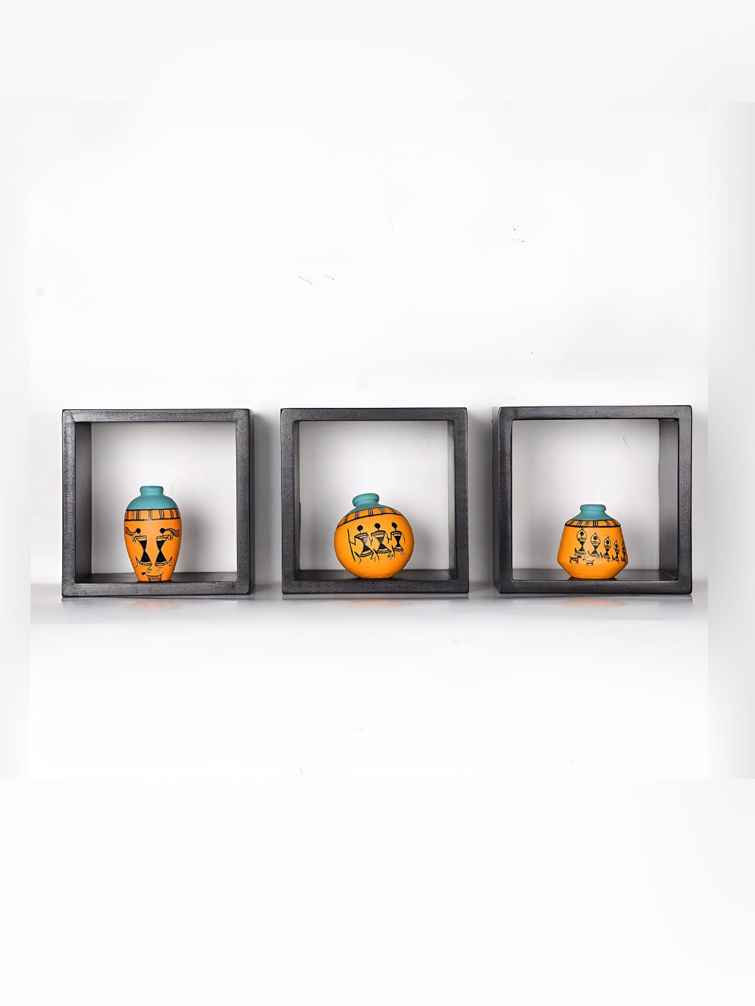 ARTYSTA BEAUTIFYING LIVES Mustard Yellow 3 Pieces Warli Hand-Painted Terracotta Vases