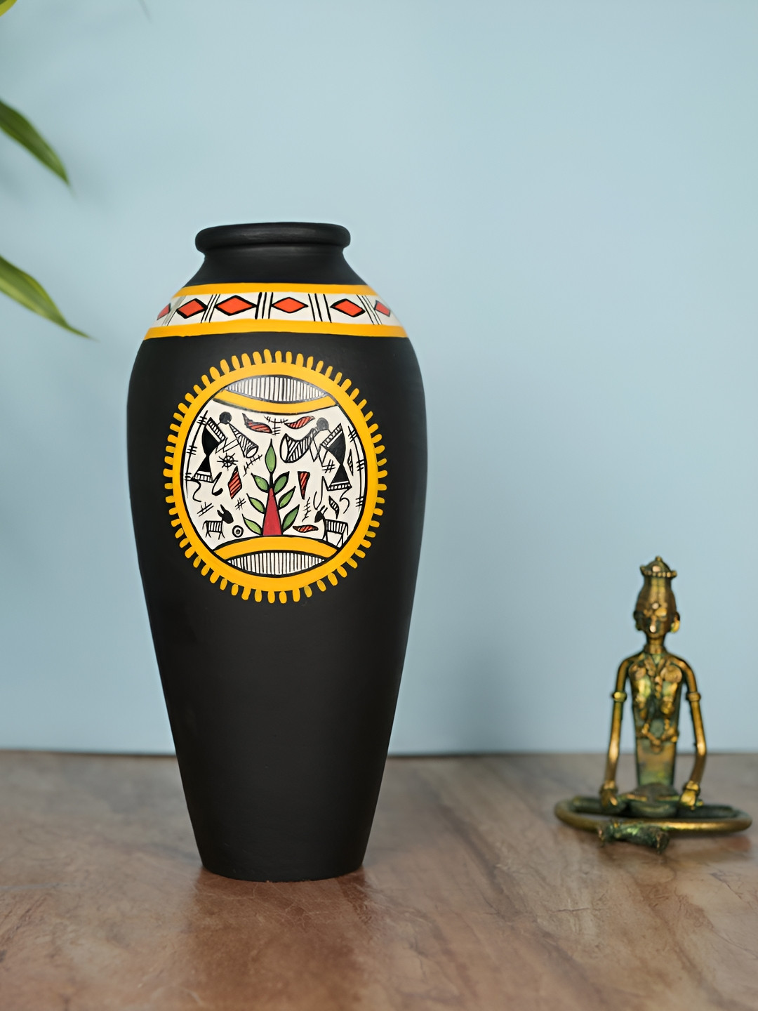 ARTYSTA BEAUTIFYING LIVES Black & White Warli Encircle Hand-Painted Terracotta Flower Vase