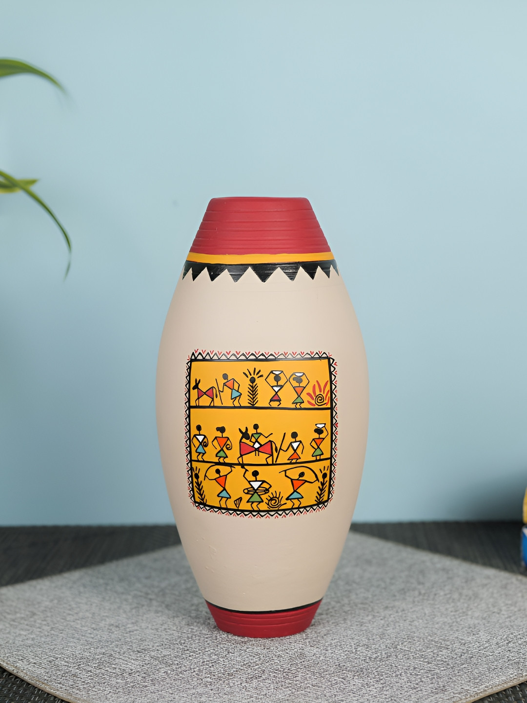 ARTYSTA BEAUTIFYING LIVES Beige & Red Warli Jharokha Hand-Painted Flower Vase