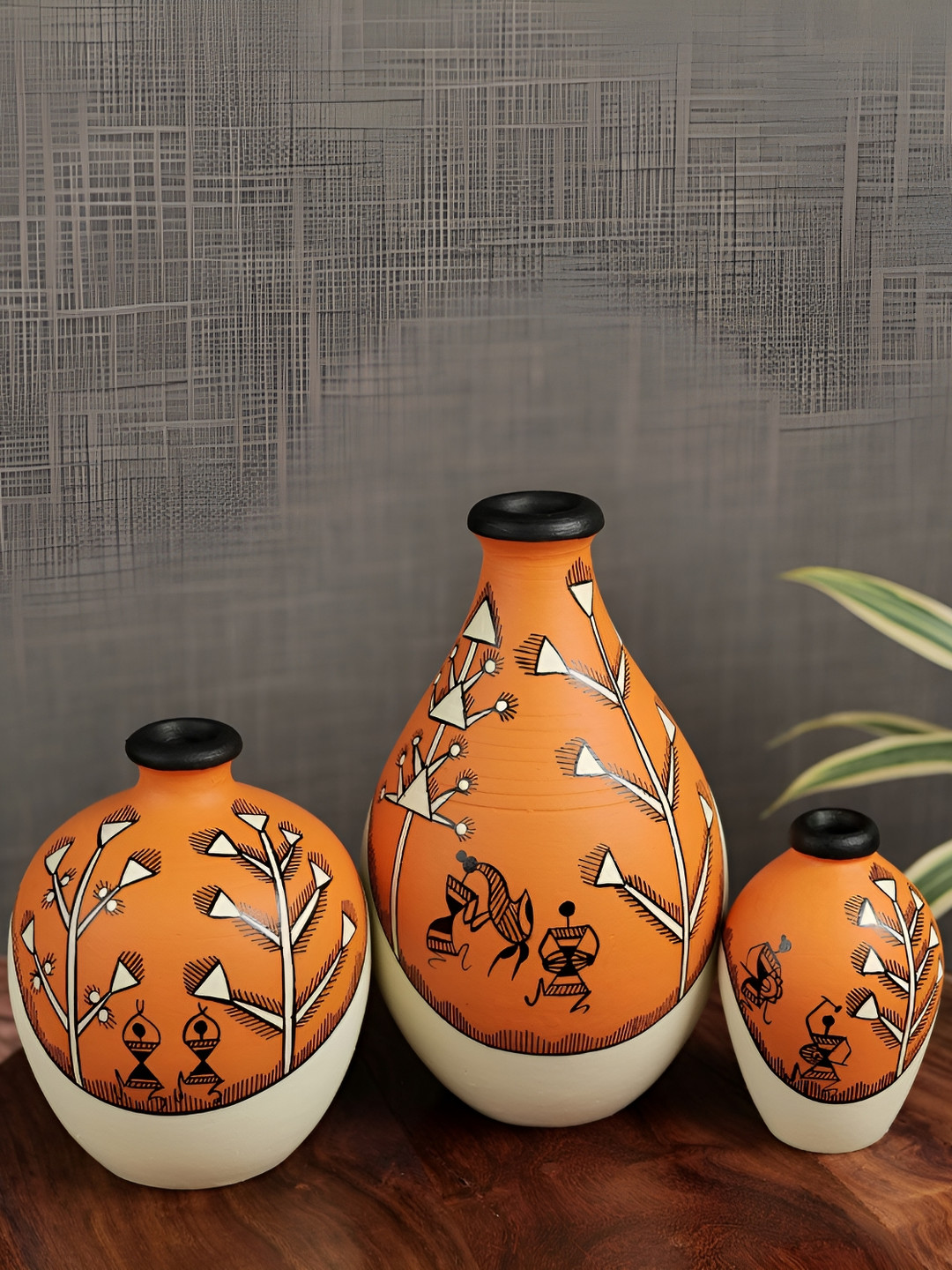 ARTYSTA BEAUTIFYING LIVES Orange-Coloured Printed 3 Pieces Warli Forests Flower Vases