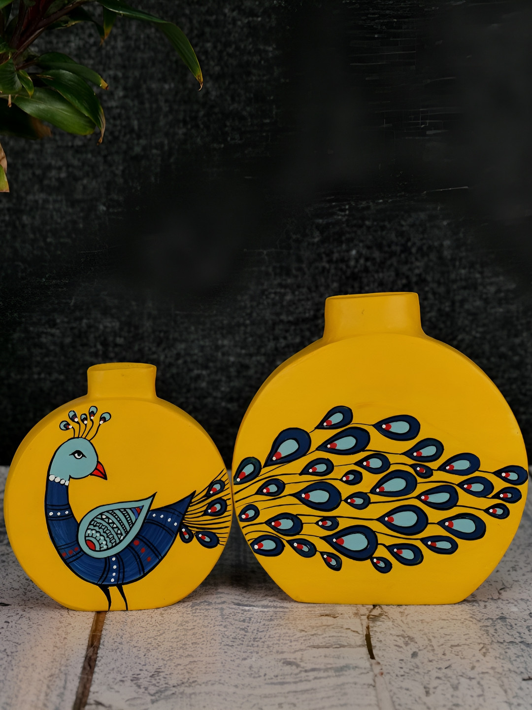 ARTYSTA BEAUTIFYING LIVES Mustard-Yellow & Blue 2 Pieces Peacock Flower Terracotta Vases
