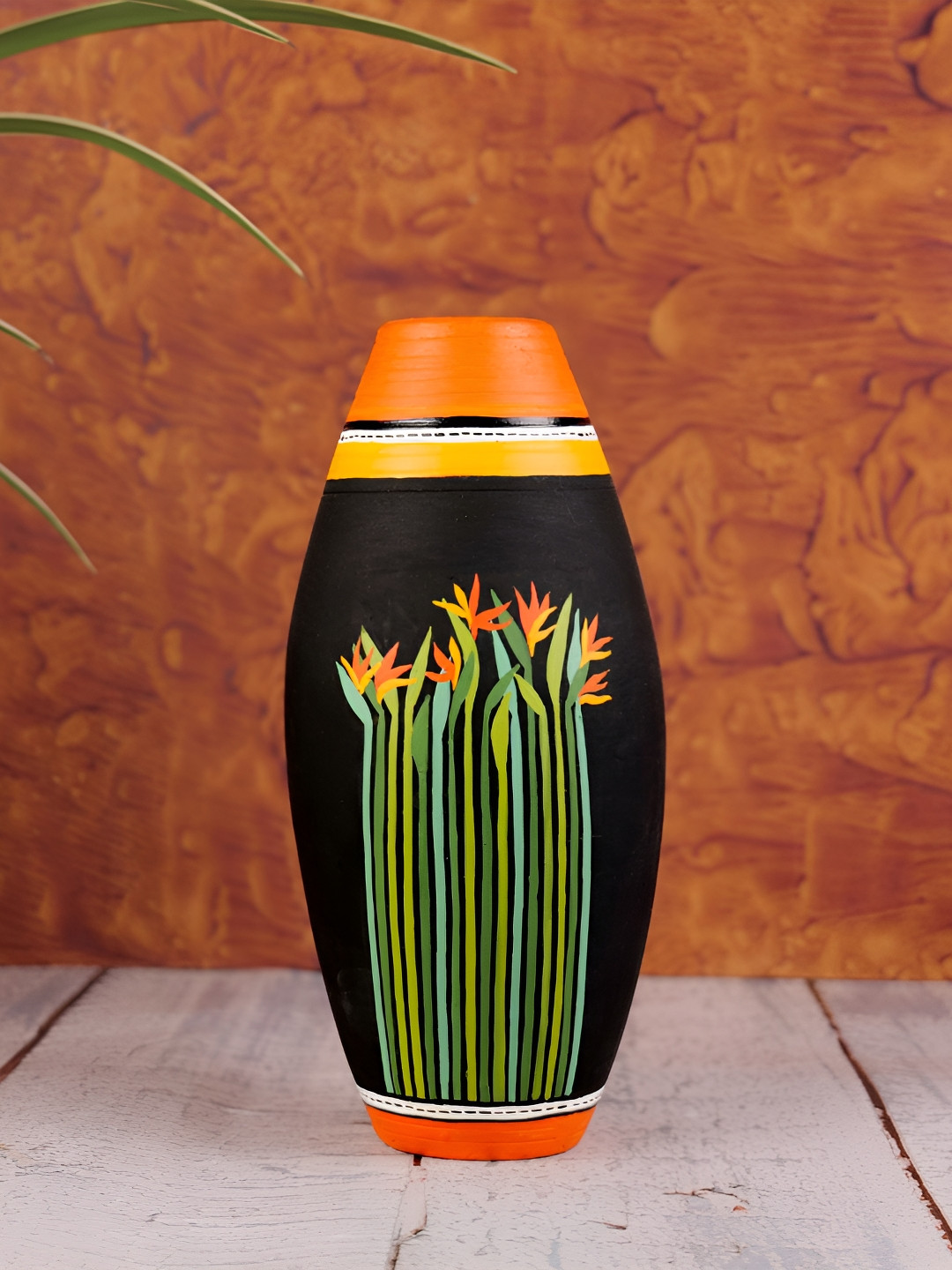 ARTYSTA BEAUTIFYING LIVES Black & Orange Tropical Meadows Hand-Painted Flower Vase