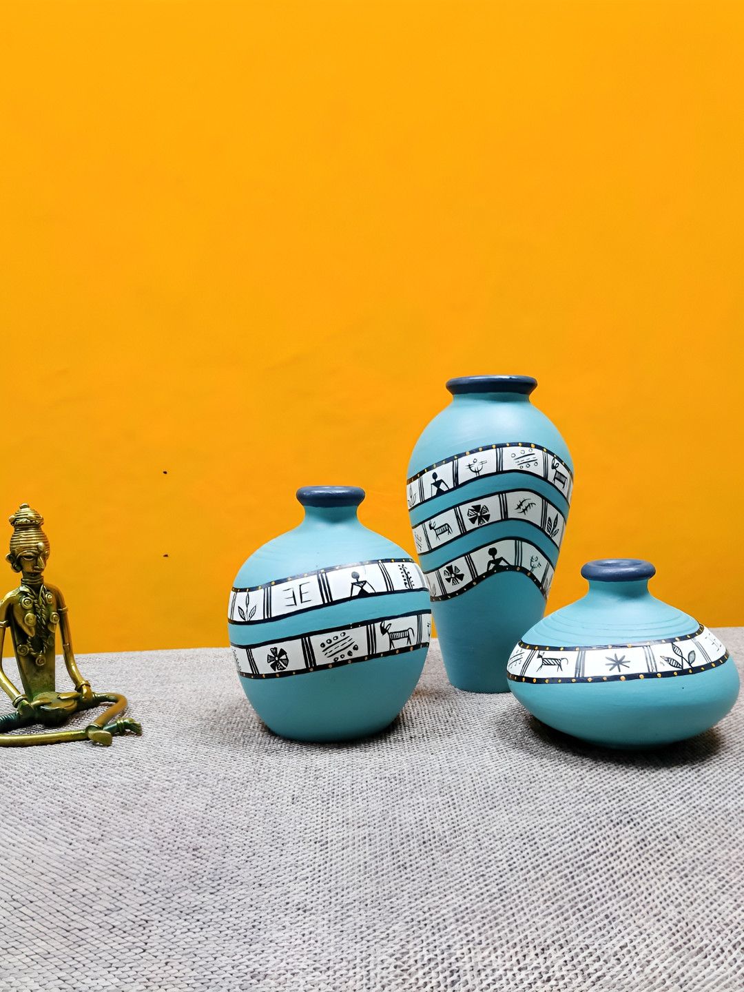ARTYSTA BEAUTIFYING LIVES Turquoise-Blue & White 3 Pieces Warli Hand-Painted Flower Vases