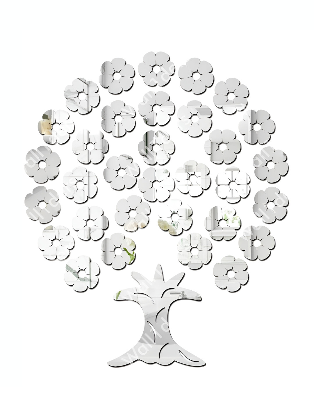 Wall1ders Silver Toned 32 Pieces Floral Tree Mirror Wall Stickers