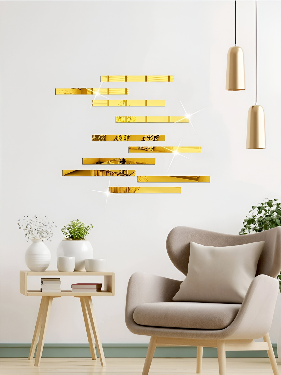 Wall1ders Gold Toned 10 Pieces Strip Designed Mirror Wall Stickers
