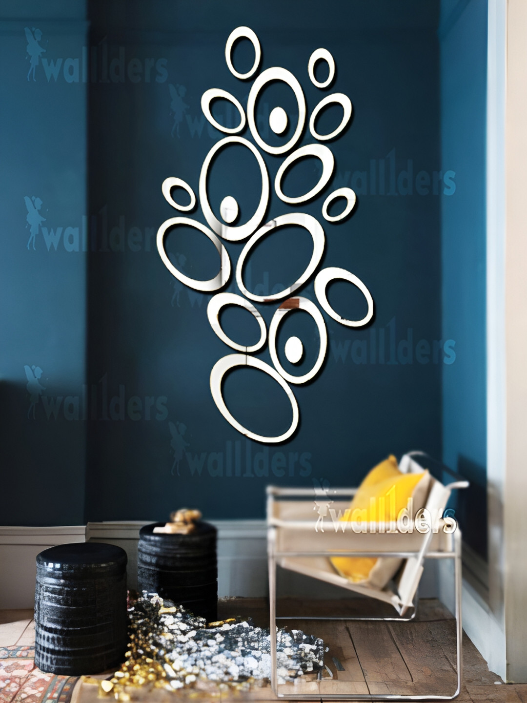 Wall1ders Silver Toned 18 Pieces Oval Ring Mirror Wall Stickers