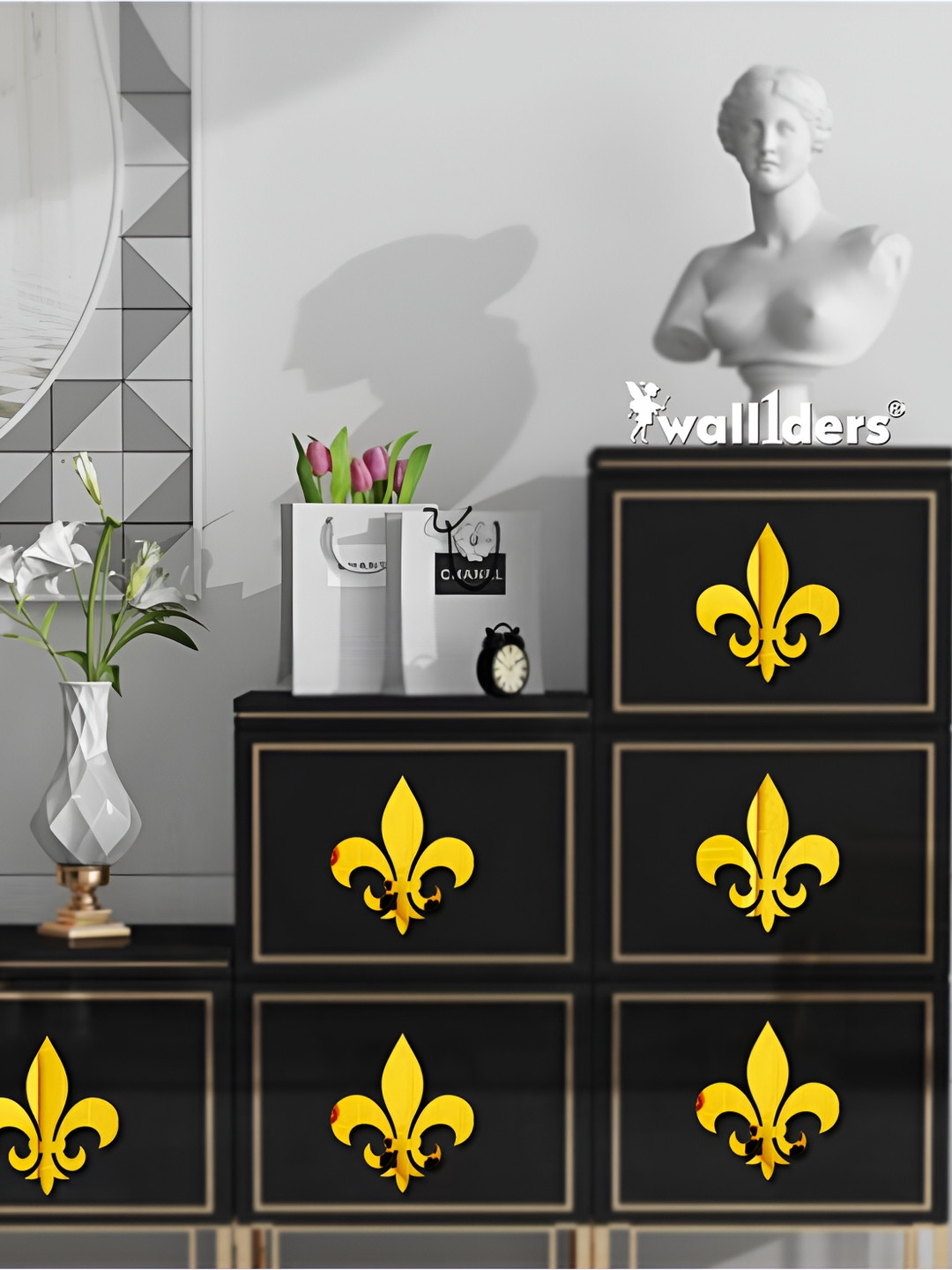 Wall1ders Gold Toned 24 Pieces Flure Mirror Wall Stickers