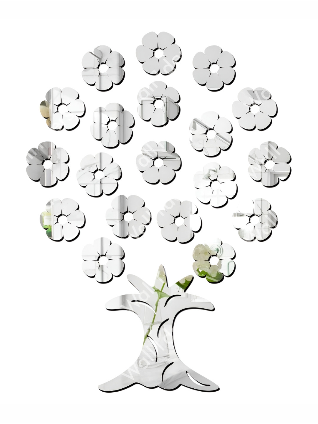 Wall1ders Silver Toned 20 Pieces Flower Tree Mirror Wall Stickers