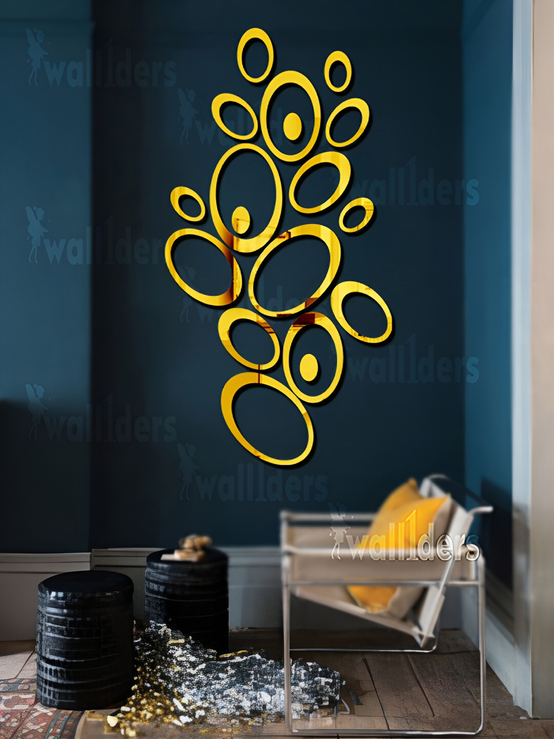 Wall1ders Gold Toned 18 Pieces Oval Ring Mirror Wall Stickers