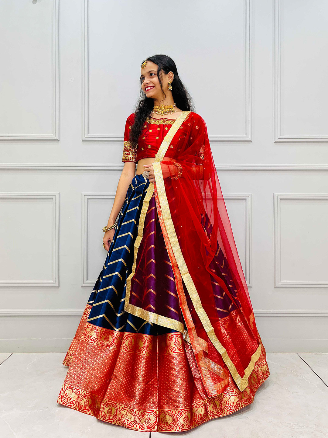 Fabcartz Ethnic Motifs Woven Design Embroidered Semi-Stitched Lehenga Choli