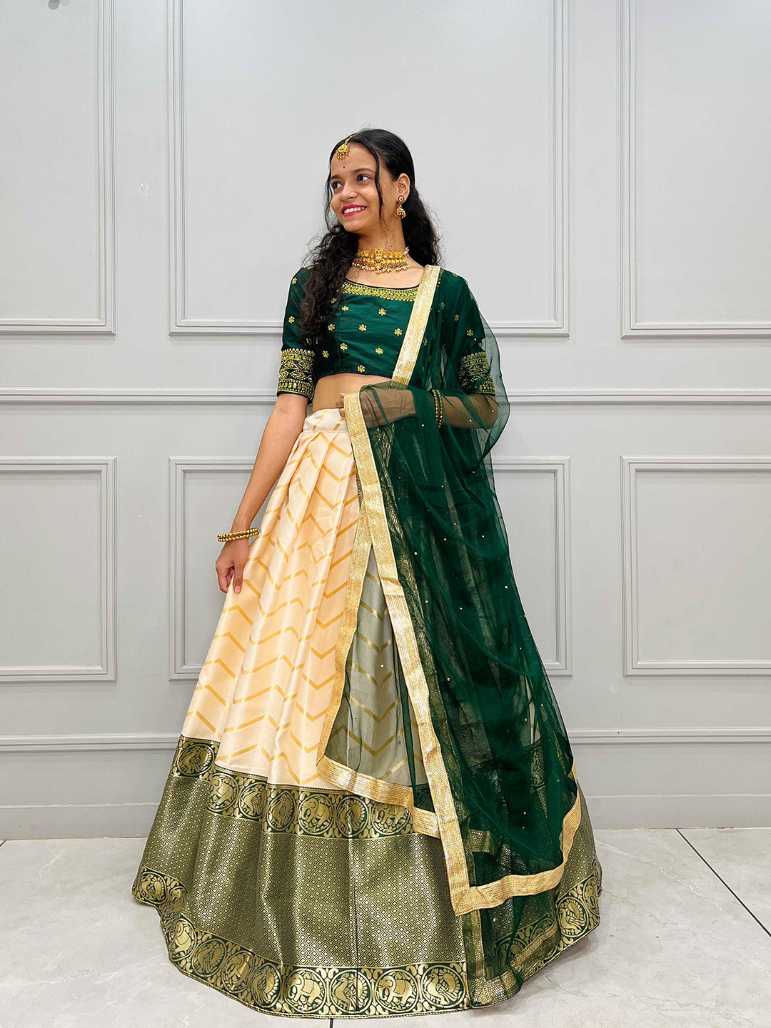 Fabcartz Ethnic Motifs Woven Design Embroidered Semi-Stitched Lehenga Choli